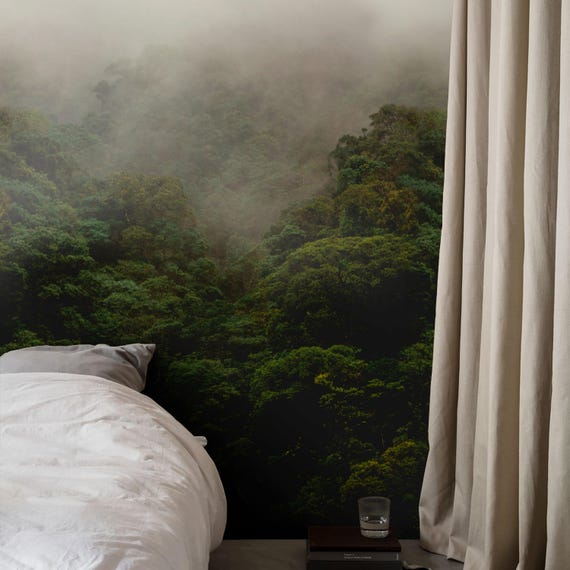 Foggy Forest Wallpaper Mural - Misty Mountain Landscape with Pines & Trees Wall Decor for Living Room