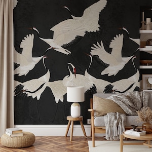 Tapete mit Schwarzem Reiherdruck, Kranich-Tapete, Entfernbare Tapete, Eleganter Kranich-Tanz, Anmutiges Vogel-Design