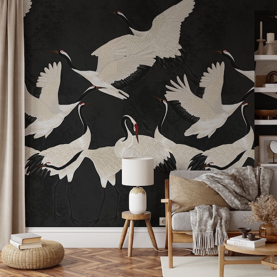 Black Heron Print Wallpaper, Crane Wallpaper, Removable Wallpaper, Elegant Crane Dance Wallpaper, Graceful Bird Design