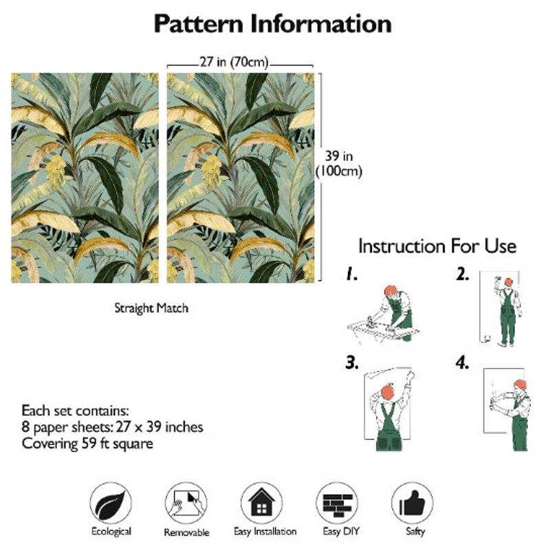 May include: A tropical leaf wallpaper pattern with a green and yellow color scheme. The wallpaper is 27 inches wide and 39 inches tall. The pattern is straight match, meaning that the pattern repeats seamlessly. The wallpaper is removable, easy to install, and easy to DIY. The wallpaper is also safe and ecological.