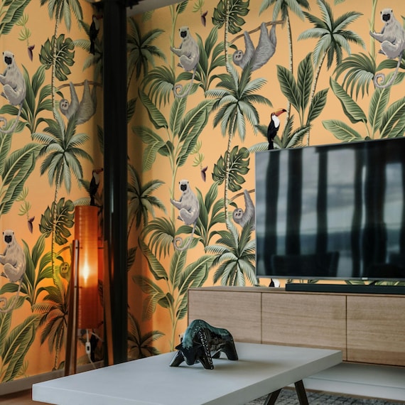 Jungle Wallpaper with Orange Background, Tropical Wall Decor, Exotic Leaf Pattern Removable Wallpaper for Home and Office