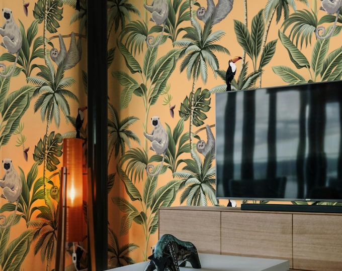 Jungle Wallpaper with Orange Background, Tropical Wall Decor, Exotic Leaf Pattern Removable Wallpaper for Home and Office