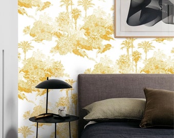 French Toile de Jouy Jungle Wallpaper in Mustard Yellow, Toile Upholstery Removable Wall Art with Vintage Illustration