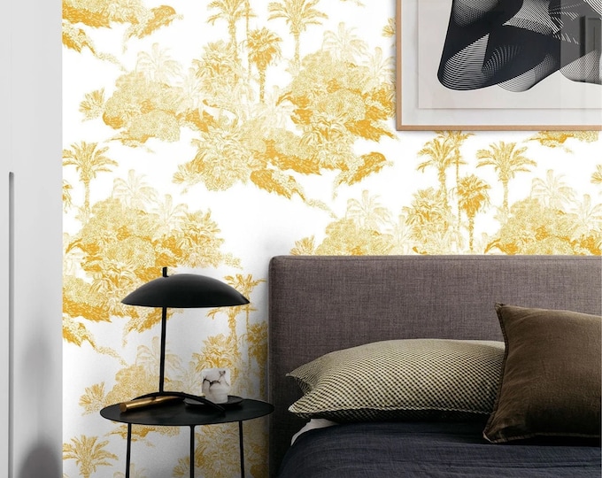 French Toile de Jouy Jungle Wallpaper in Mustard Yellow, Toile Upholstery Removable Wall Art with Vintage Illustration