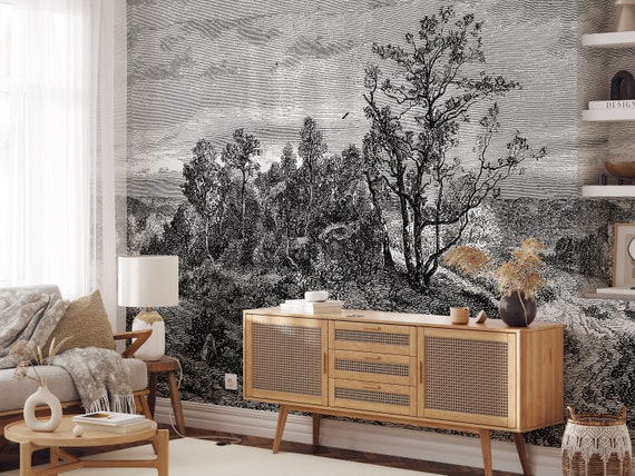 Extra Large Vintage Forest Wallpaper, Landscape in Classic Old Style Trees Wallpaper, Sepia Forest Wall Mural