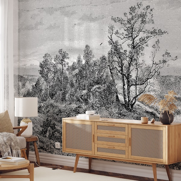 Extra Large Vintage Forest Wallpaper, Landscape in Classic Old Style Trees Wallpaper, Sepia Forest Wall Mural