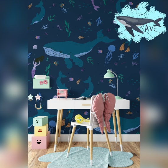 Mermaids Wallpaper with Whales, Diving Beauties Wall Art in Navy Blue, Underwater Wall Decor,
