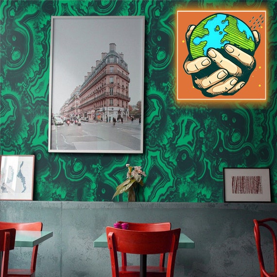 Malachite Section Geode Wallpaper in Green and Black, Marble Contact Paper Nature Inspired Modern Decor for Accent Wall