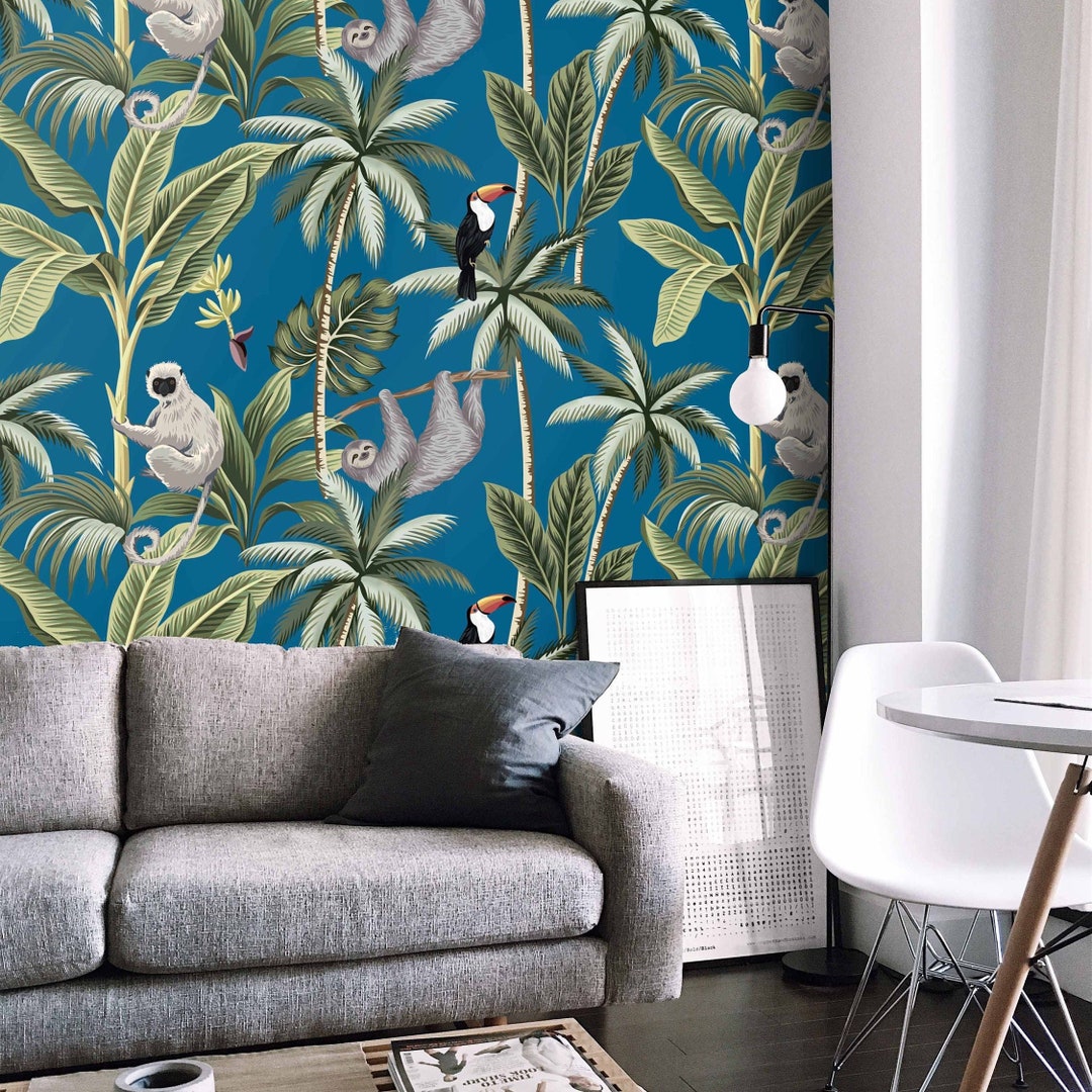 Tropical Forest Jungle Wallpaper for Nursery or Kids Room Decor With Blue Background Etsy