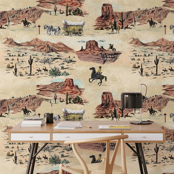 Western Wallpaper with Vintage Cowboy and Horses, Wild West Aesthetic Vintage Wallpaper, Desert Wall Decor,  Rustic Easy-Install Wallpaper