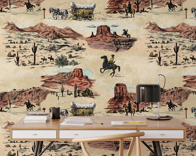 Western Wallpaper with Vintage Cowboy and Horses, Wild West Aesthetic Vintage Wallpaper, Desert Wall Decor,  Rustic Easy-Install Wallpaper