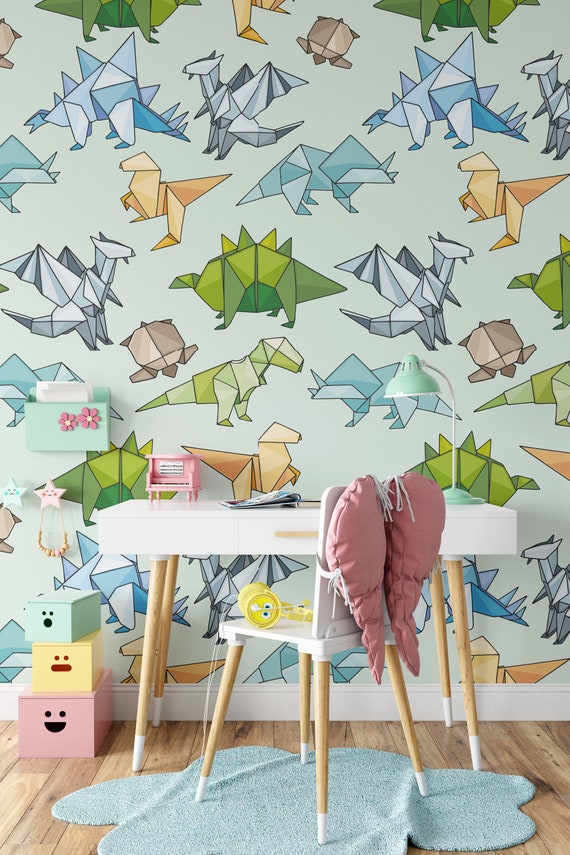 Origami Dinosaur Kids wallpaper, Baby Boy Room colorful dino for Kids Decor