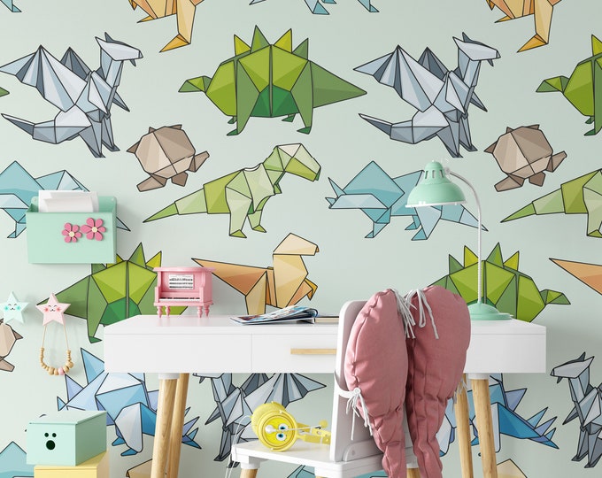 Origami Dinosaur Kids wallpaper, Baby Boy Room colorful dino for Kids Decor