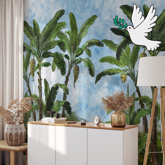 Vintage Jungle wallpaper, Tropical Landscape wallpaper, Large wall art for Tropical decor.