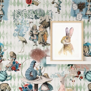 May include: A whimsical Alice in Wonderland themed wallpaper featuring a green and white diamond pattern. The wallpaper includes illustrations of Alice, the Mad Hatter, the Queen of Hearts, a flamingo, a caterpillar, a rabbit, and a teapot. The text "We're all Mad Here" is also included.