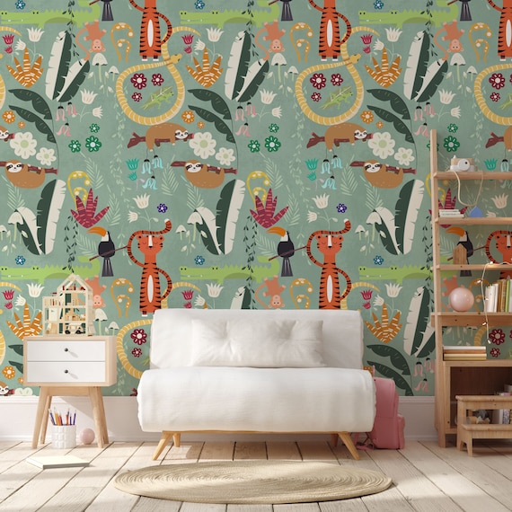 Kids' Tropical Forest Wallpaper, Tigers, Toucans, Monkeys, and Sloths, Green Background