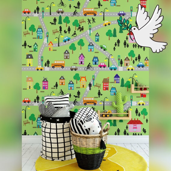 A fun city map wallpaper for kids room Decor, Village Wall Art with roads