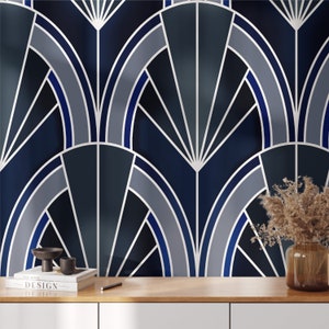 Elegant Blue Art Deco Geometric Wallpaper - Luxurious Symmetry for Modern Interiors