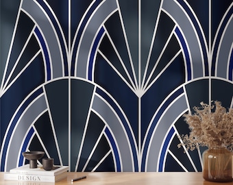 Elegant Blue Art Deco Geometric Wallpaper - Luxurious Symmetry for Modern Interiors