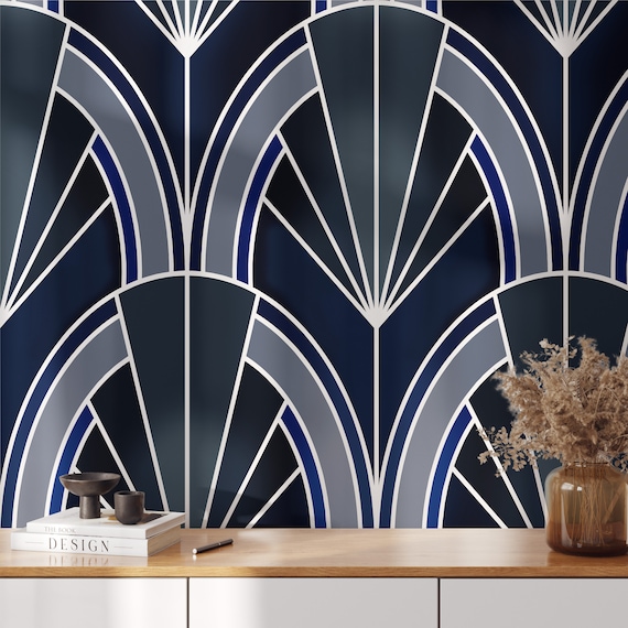 Elegant Blue Art Deco Geometric Wallpaper - Luxurious Symmetry for Modern Interiors