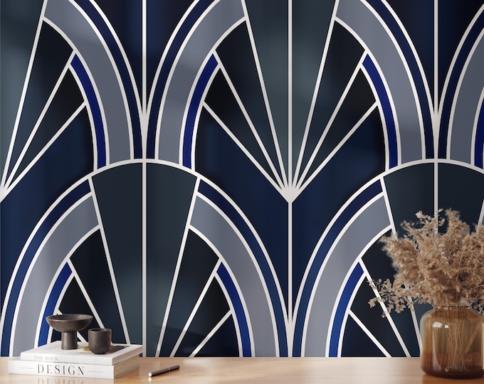 Elegant Blue Art Deco Geometric Wallpaper - Luxurious Symmetry for Modern Interiors