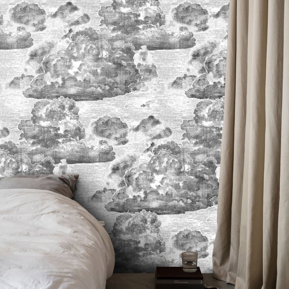 Dreamy Clouds - Handcrafted Etching Wallpaper in Gray and White, Vintage Cloud Wallpaper