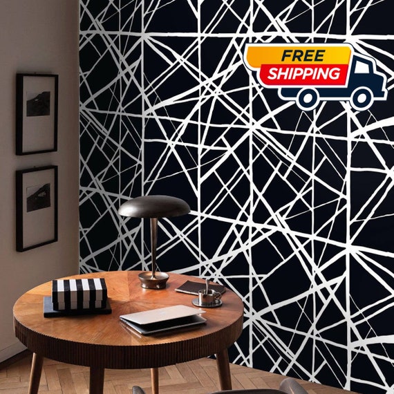 Black Modern Striped Wallpaper, Temporary wall art for wall decor aesthetic