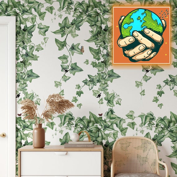 Climbing Green Ivy Leaves Wallpaper with Birds and Butterflies, Watercolor Foliage Hedera Ivy Wall Decor