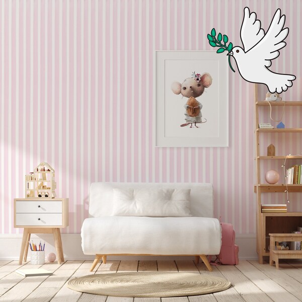 Light Pink Striped Wallpaper for Girls Room, Nursery Wall Art, Pink White Stripes Roll