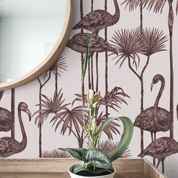 Flamingos Bird Wallpaper for Danish Pastel Room Decor, Chinoiserie Art Vintage Dramatic Burgundy Wall Decor