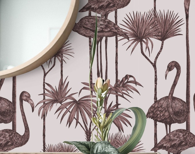 Flamingos Bird Wallpaper for Danish Pastel Room Decor, Chinoiserie Art Vintage Dramatic Burgundy Wall Decor