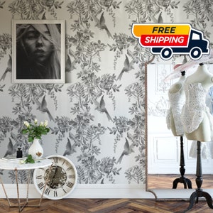 Worcester Art French wallpaper, Vintage Garden Flowers and Birds, Sparrow black and white Wall Decor