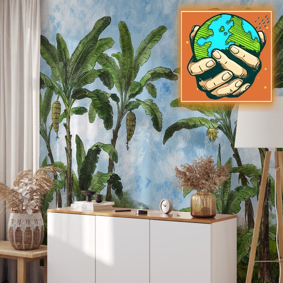 Vintage Jungle wallpaper, Tropical Landscape wallpaper, Large wall art for Tropical decor.