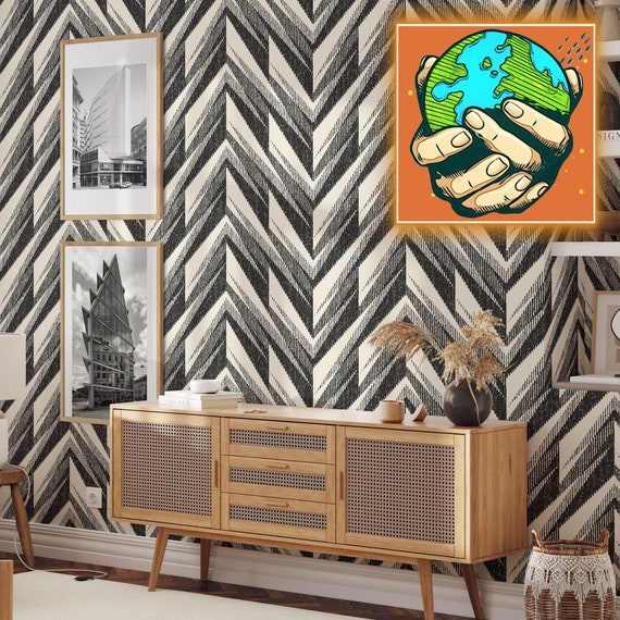 Large Zig Zag Herringbone Wallpaper, Renters Decor with Ikat Pattern