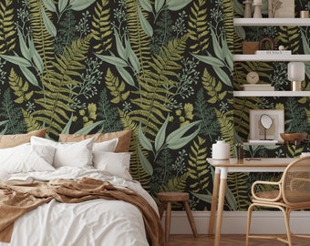 Botanical Fern Leaves on Black Wallpaper - Nature-Inspired Wall Decor for Your Home, Leaf Illustration Nature Wall Decor