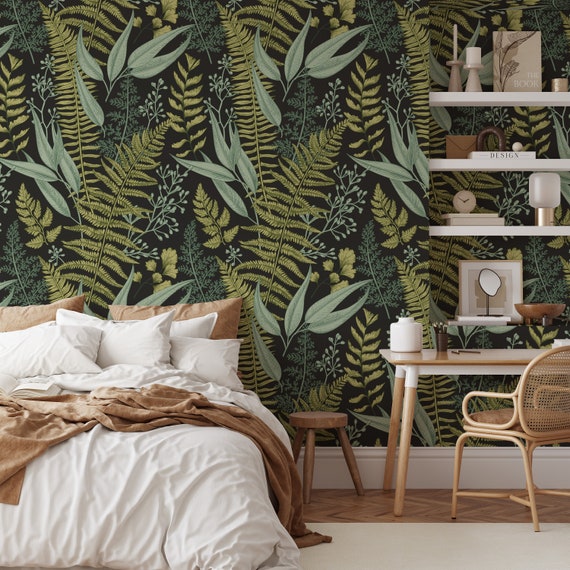 Botanical Fern Leaves on Black Wallpaper - Nature-Inspired Wall Decor for Your Home, Leaf Illustration Nature Wall Decor