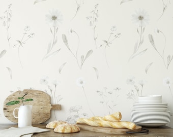 Neutral Floral Meadow Delicate Wallpaper, Light Field Flowers Bohemian Wall Decor, Wildflower Herbal Wall Art