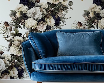 White Roses Wallpaper, Vintage Floral Wallpaper, Dark Botanical Bouquet, Romantic Bedroom Living Room Wall Decor