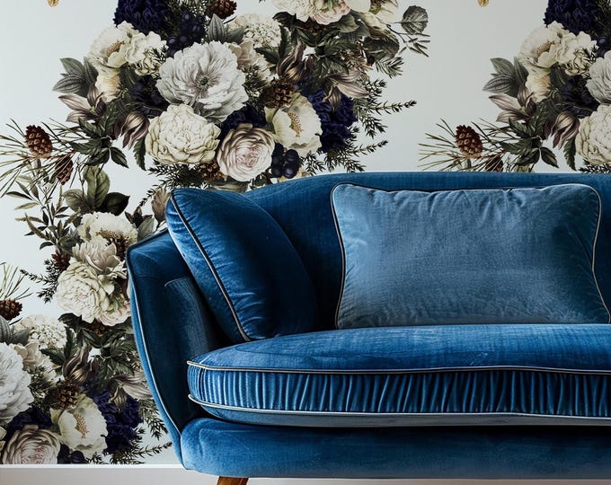 White Roses Wallpaper, Vintage Floral Wallpaper, Dark Botanical Bouquet, Romantic Bedroom Living Room Wall Decor