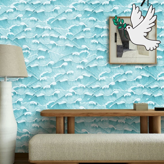 Open Ocean Waves Wallpaper, Sea Hand Drawn Etching Wall Mural, Whimsical Marine Wallpaper