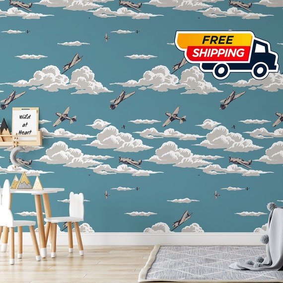 Vintage Airplanes Nursery Wallpaper, Airplane Flying Playroom Wall Decor, Kids Mural with clouds, Boy Room Wall Art