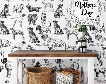 Hand-Drawn Black and White Dogs Wallpaper - Charming and Playful Wall Decor for Dog Lovers