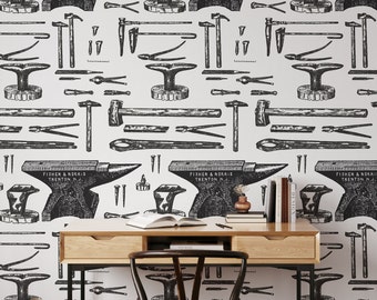 Black and White Vintage Blacksmiths Tools Wallpaper, Old Tools and Hardware Wall Art, Antique Tool Wall Decor