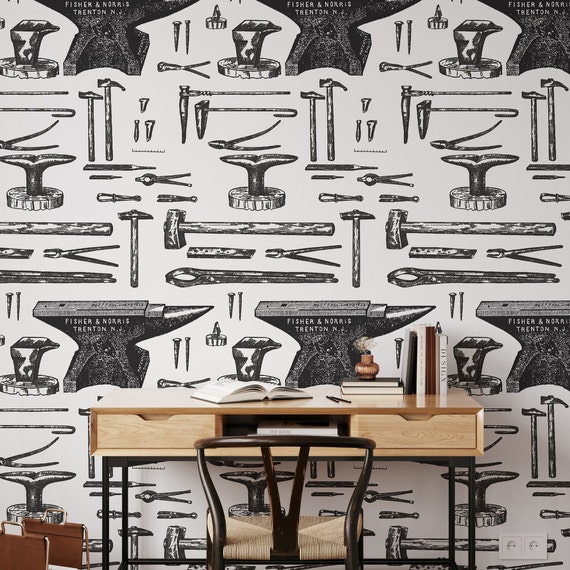 Black and White Vintage Blacksmiths Tools Wallpaper, Old Tools and Hardware Wall Art, Antique Tool Wall Decor