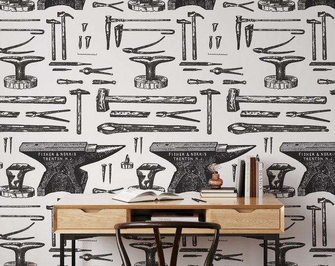 Black and White Vintage Blacksmiths Tools Wallpaper, Old Tools and Hardware Wall Art, Antique Tool Wall Decor