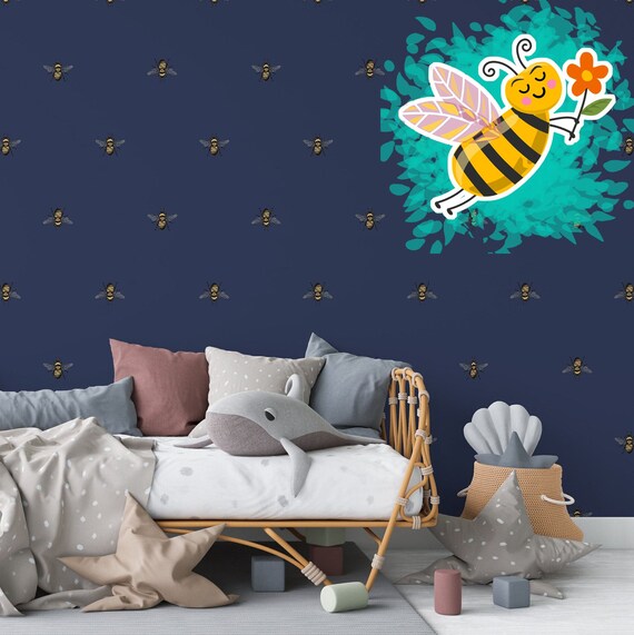 Gold and Blue Bee Wallpaper for Nursery Decor, Humble Honey Bee Minimal Wall Art