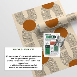 May include: A beige and brown wallpaper roll with a repeating pattern of abstract arches and circles. The wallpaper is rolled up and the end of the roll is visible. The text "WE CARE ABOUT YOU" is printed on a white rectangle in the lower left corner of the image. The text reads: "We have a team of experts ready to help you with any problem and question. Contact our customer service and we will support you. In addition, if you are not satisfied we offer the return of unused orders."