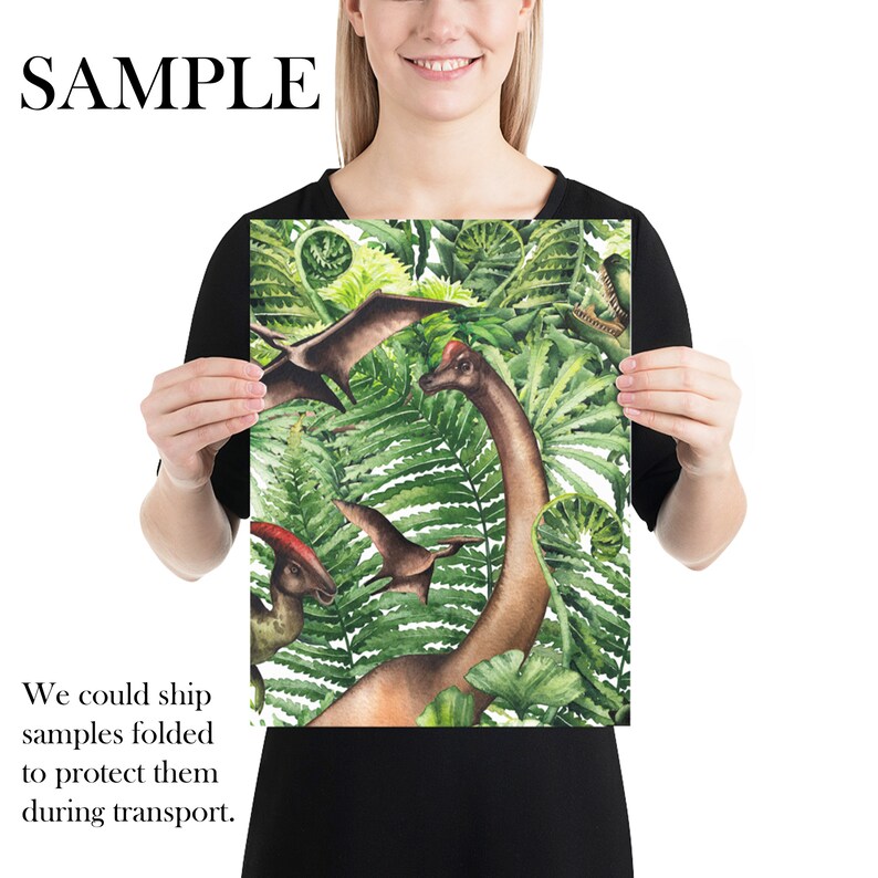 May include: Watercolor illustration of dinosaurs in a lush green jungle setting. The illustration features a long-necked dinosaur, a pterodactyl, and a smaller dinosaur with a red crest. The background is filled with vibrant green ferns and leaves.