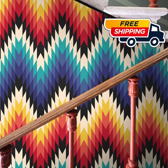 Chevron Wallpaper in Bright Colors, Geometric Wall Art Tribal Ethnic Art Home Decor