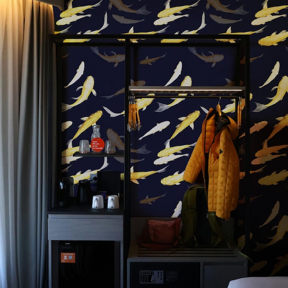 Gold and Blue Koi Wallpaper for Feng Shui, Japanese Art Fish Watercolor, Asian Decor Wall Mural, Zen Home Design